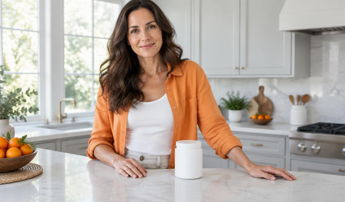Woman at a bright kitchen counter with a white jar