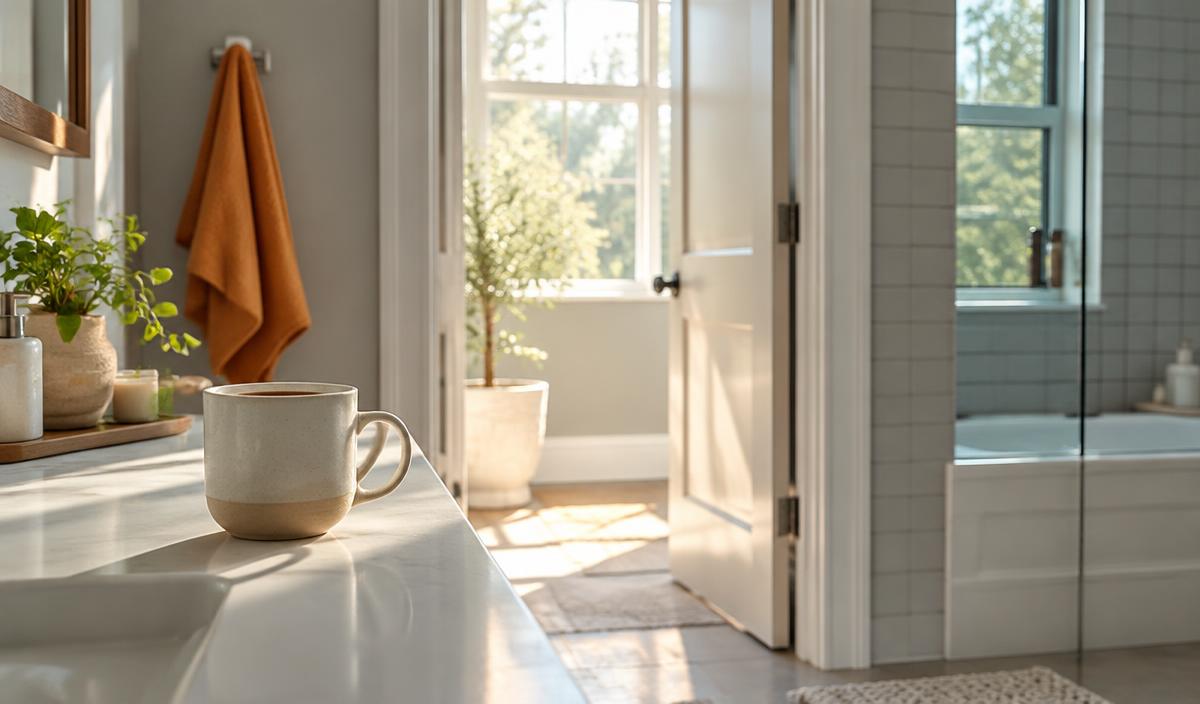 Sunlit bathroom doorway and coffee
