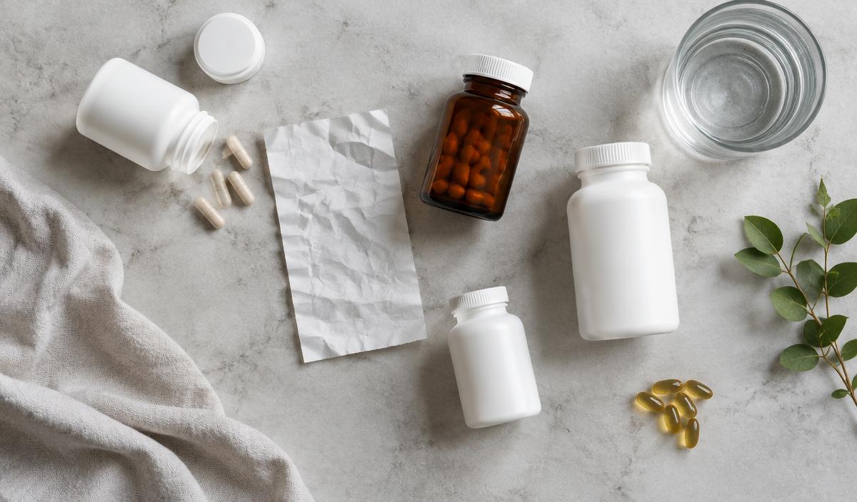 Empty supplement bottles and a crumpled receipt