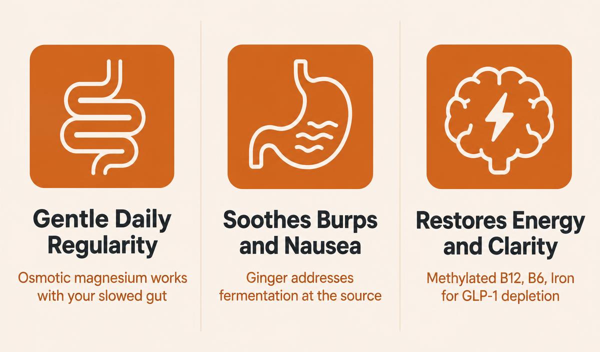 AfterShot three benefits infographic: Gentle Daily Regularity, Soothes Burps and Nausea, Restores Energy and Clarity